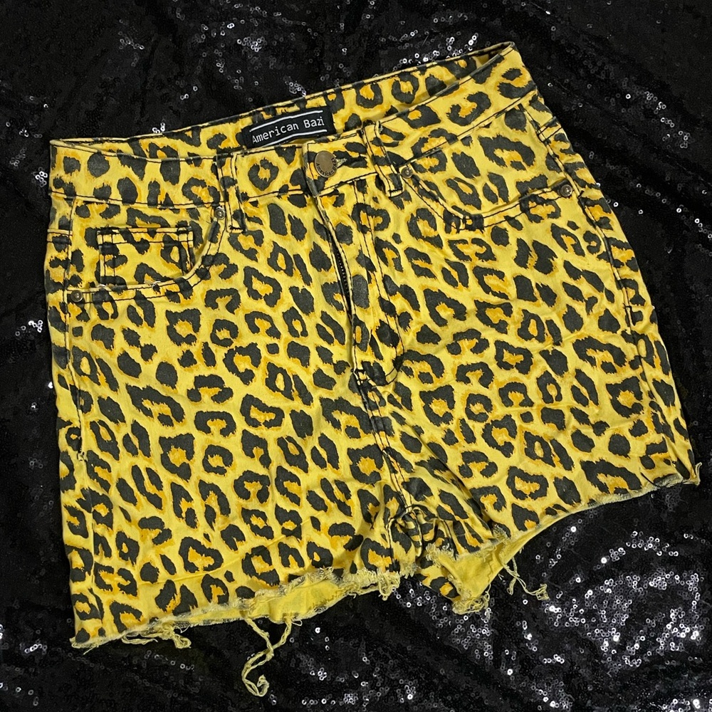 American Bazi Yellow Leopard Print High Waisted Shorts